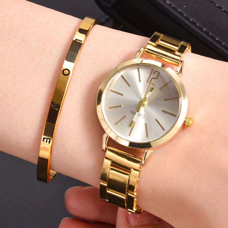 2pcs Set Watch Luxury& Gold Bracelet